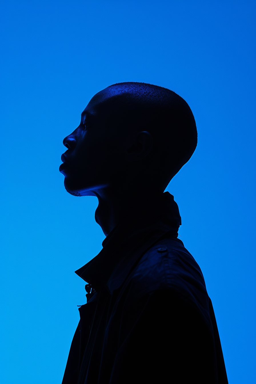 silhouette image of a man who is standing against a blue background