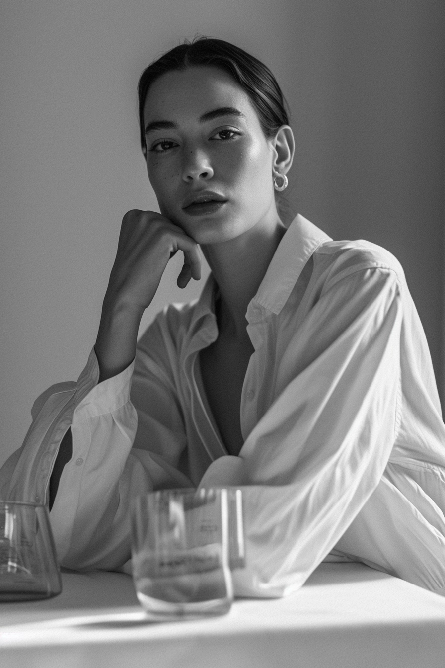 a woman is siting at a table with a white shirt on