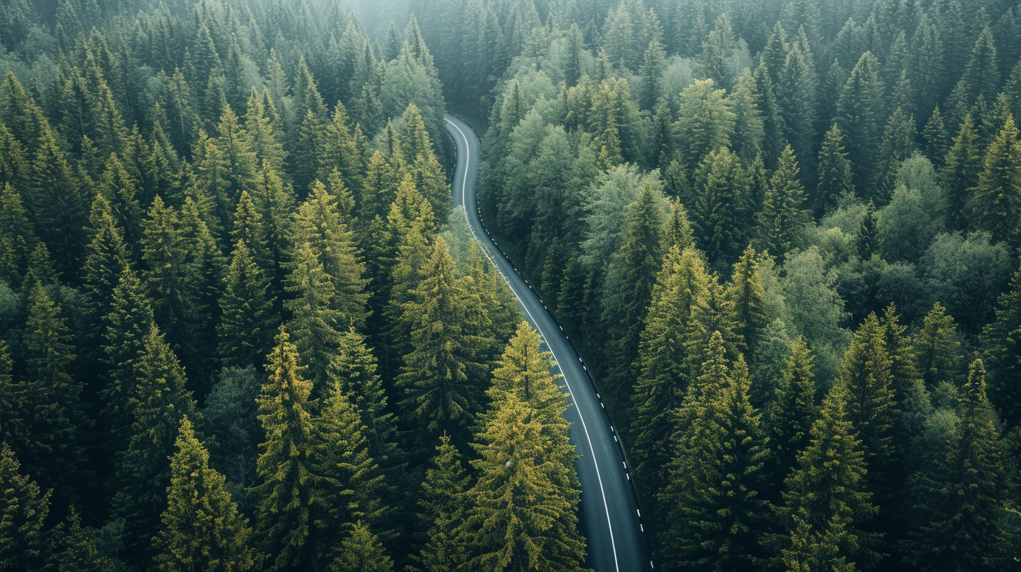 view of a paved road through nordic pine forest