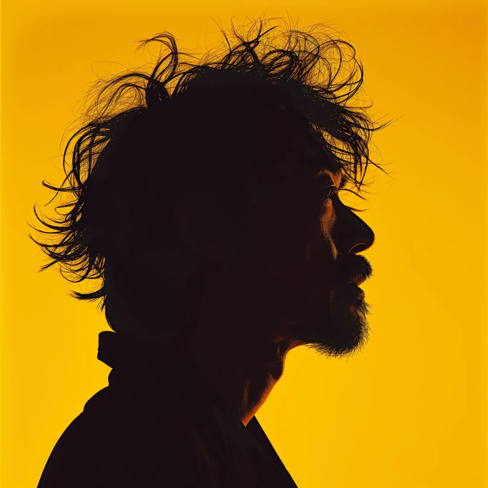 silhouette image of a yohji yamamoto who is standing against a yellow background