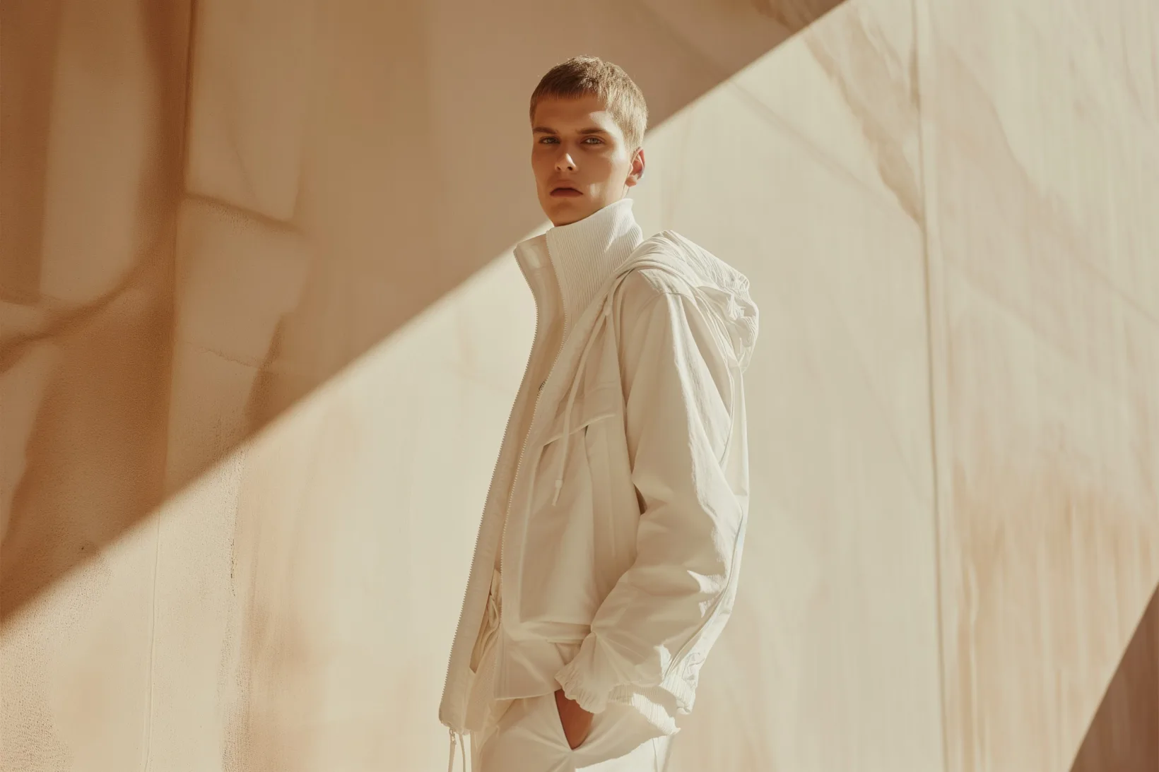 male model in white sportswear