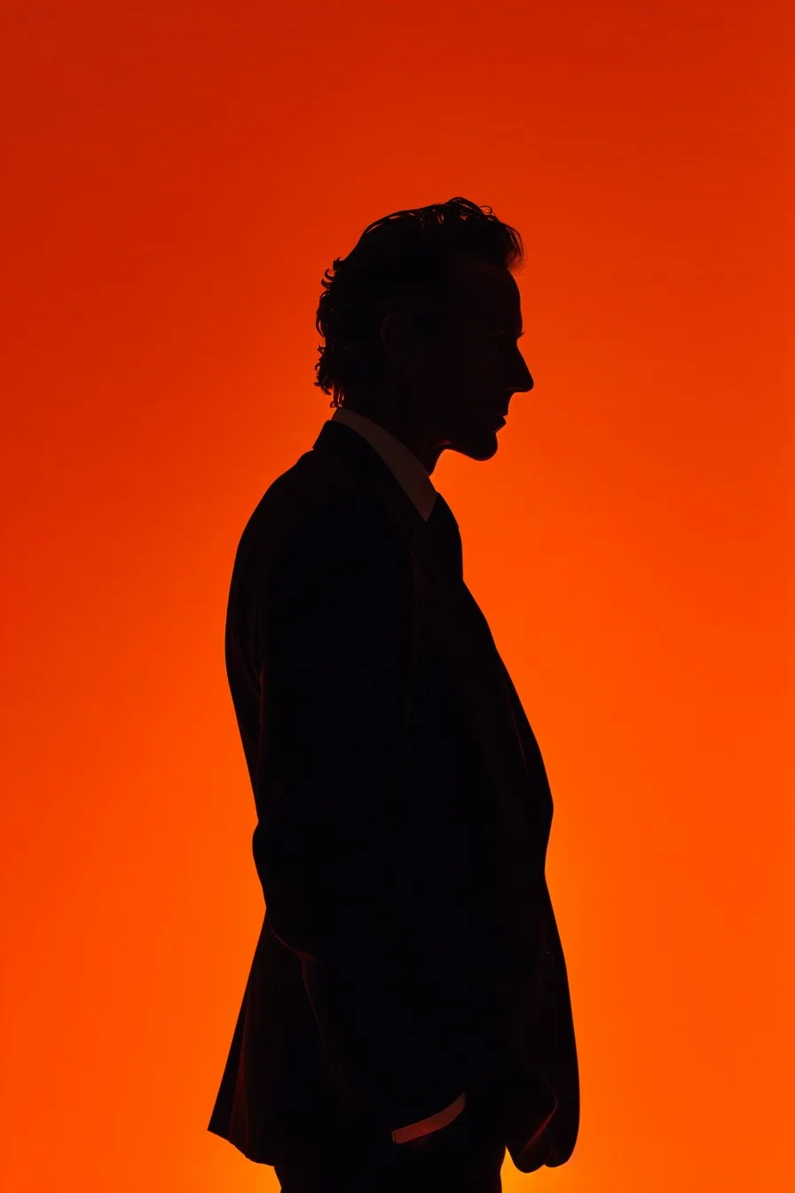 silhouette of a suited man against a orange background